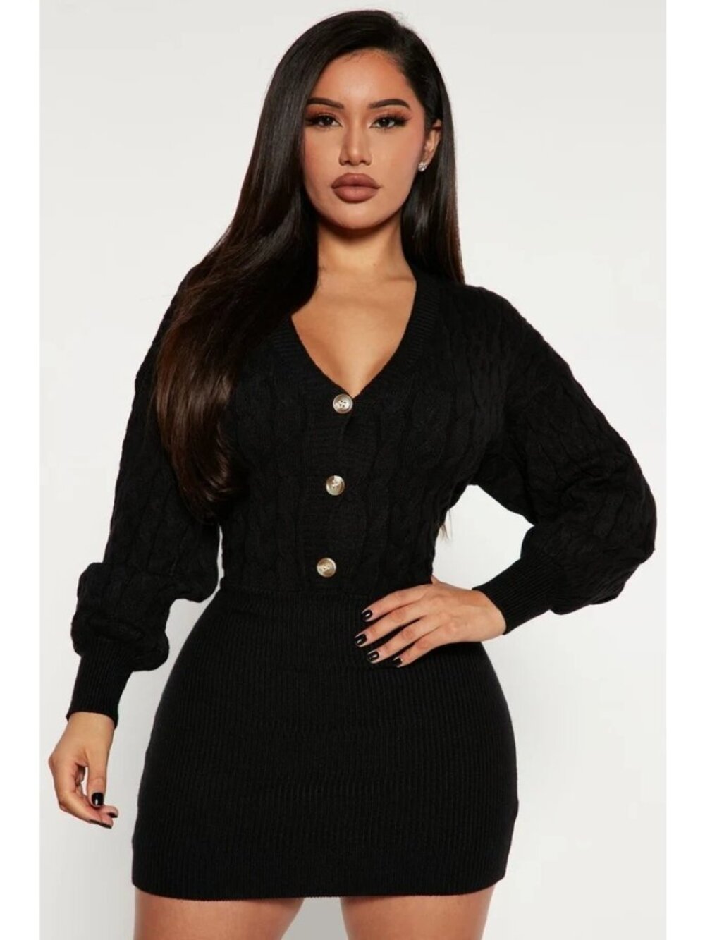 Fashion Nova Michelle Sweater Mini Dress Size Large Cable Knit V Neck